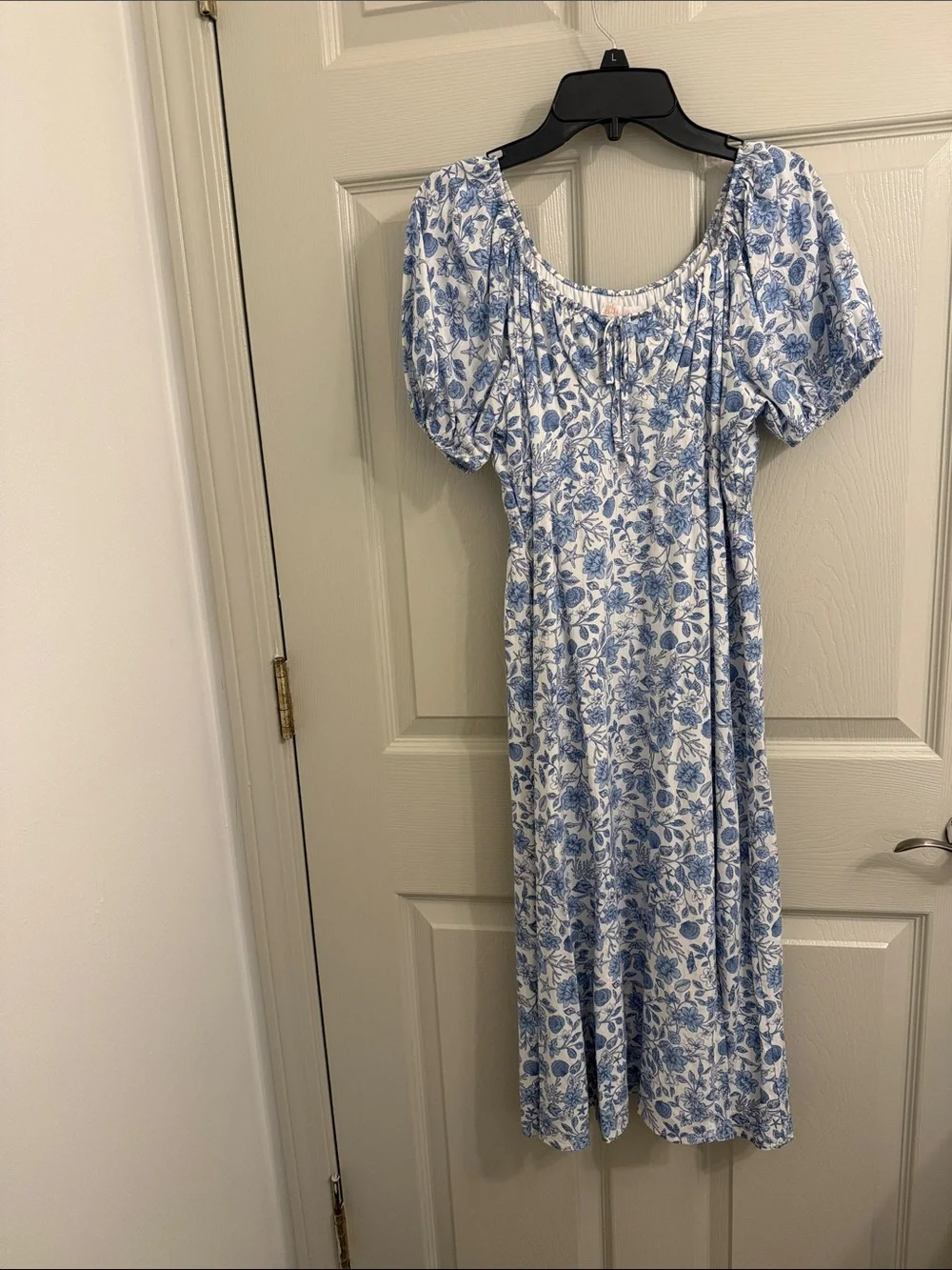 GB girls White and Blue Floral Puff-Sleeve Midi Dress